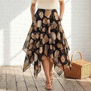 Picnic Basket Print Handkerchief Hem Skirt Womens Medium 27W Art Cottage Boho